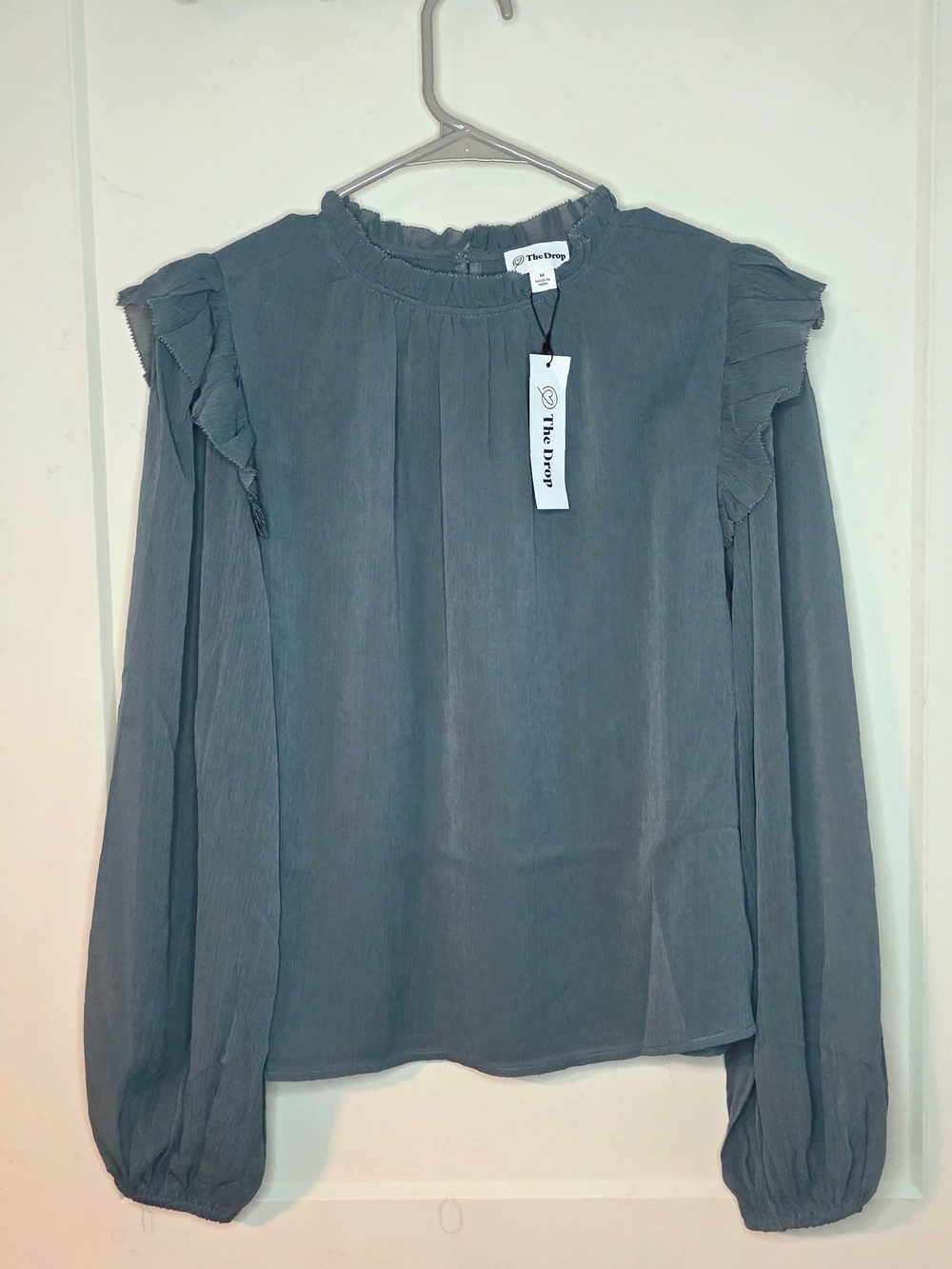 The Drop - Slate Blue Ruffled Shoulder Sheer Long-Sleeve Blouse - Picture 5 of 8
